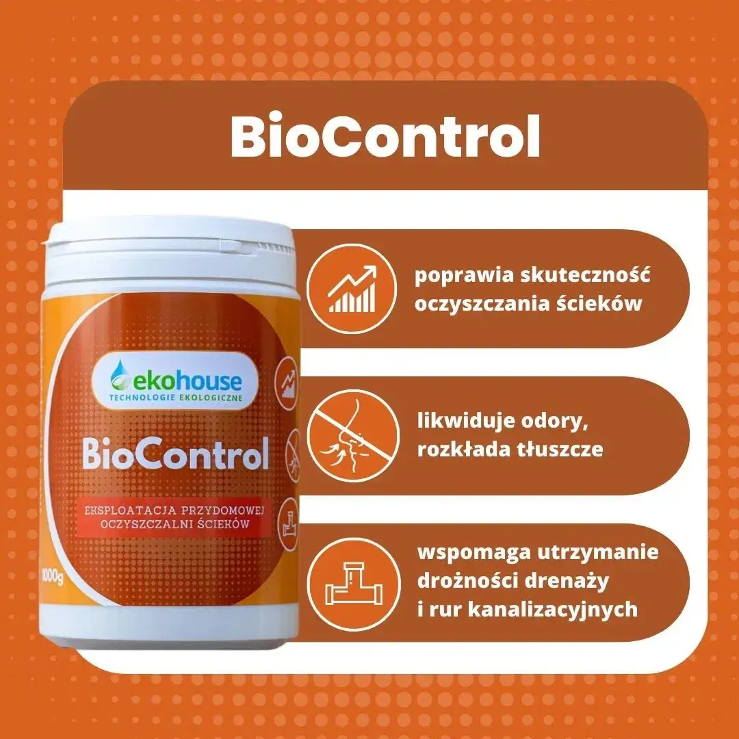 BioControl Eko House z ikonami korzyści dla przydomowej oczyszczalni ścieków