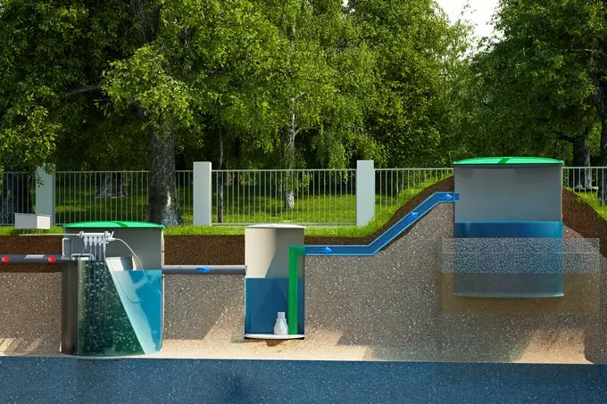 Oczyszczalnia z pompownią i studnią chłonną – przekrój