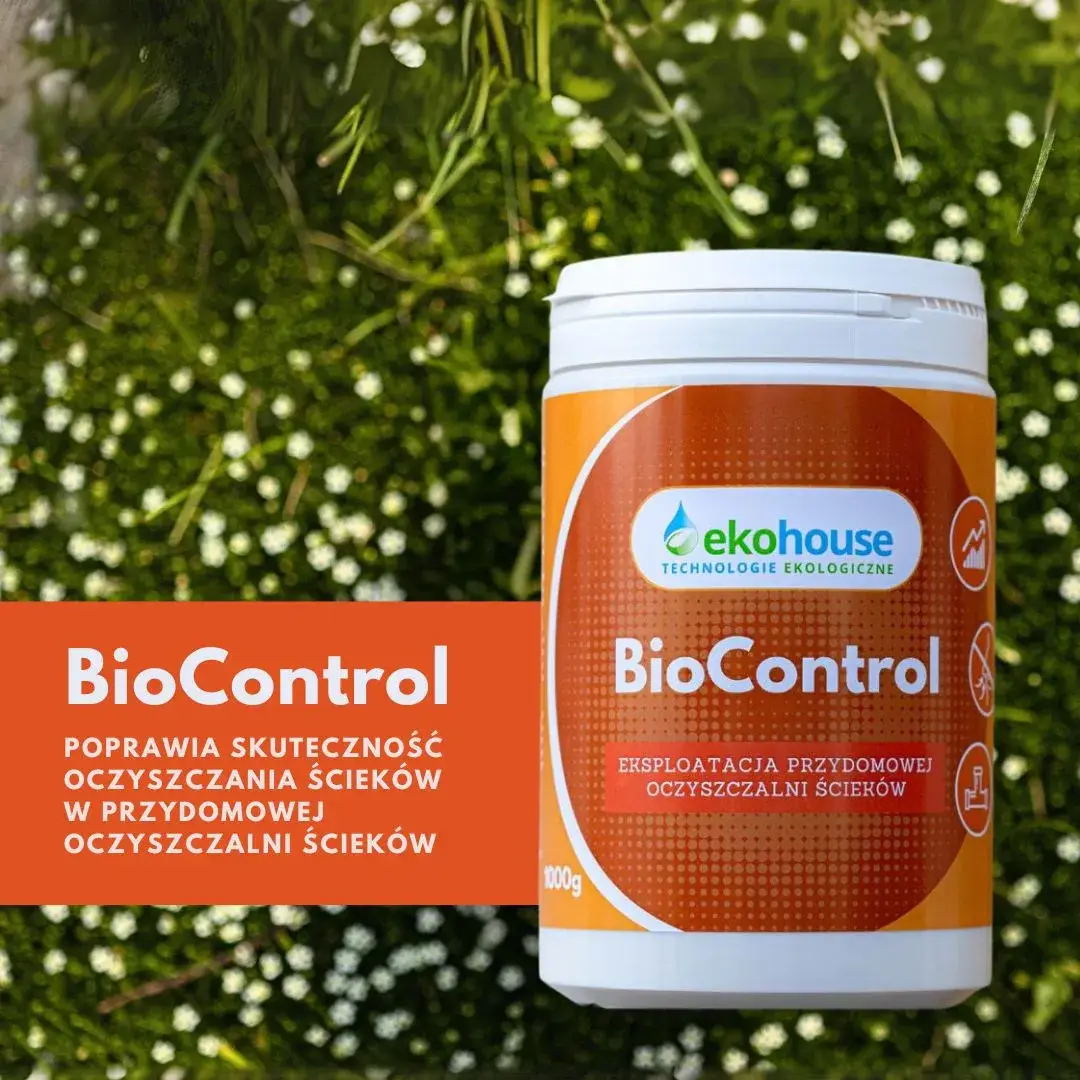 BioControl Eko House z ikonami korzyści dla przydomowej oczyszczalni ścieków