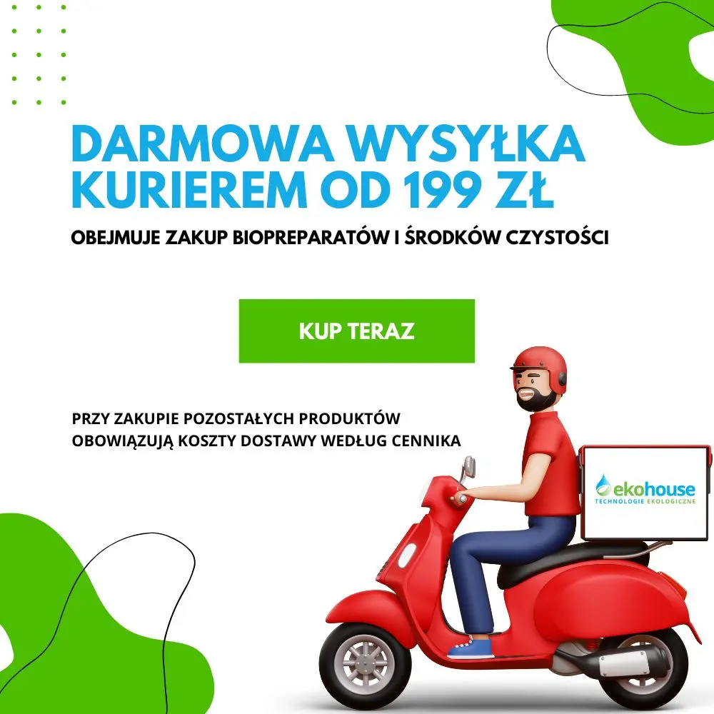 Grafika promocyjna EkoHouse – darmowa wysyłka kurierem od 199 zł na biopreparaty i ekologiczne środki czystości