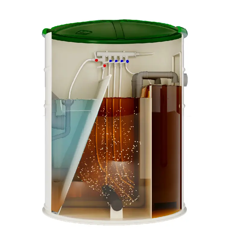 Przekrój pionowy przydomowej oczyszczalni ścieków z napowietrzaną komorą biologiczną i osadem
