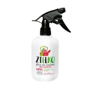 Butelka ZIELKO płyn do kuchni mango i brzoskwinia z czarnym atomizerem na białym tle.
