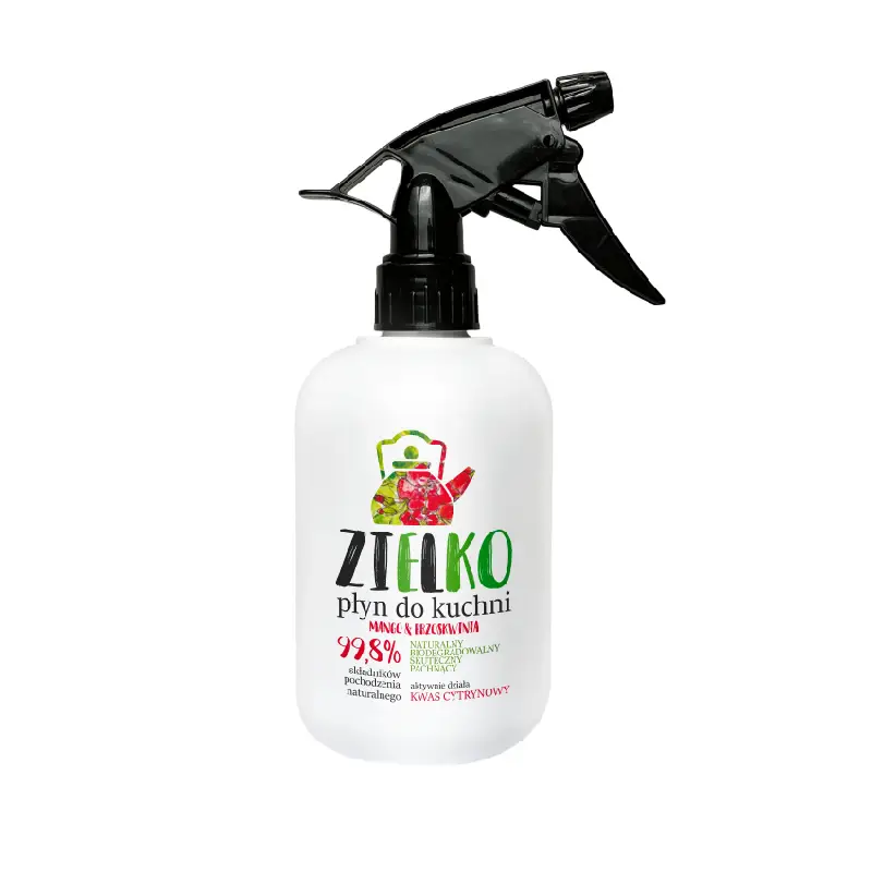 Butelka ZIELKO płyn do kuchni mango i brzoskwinia z czarnym atomizerem na białym tle.