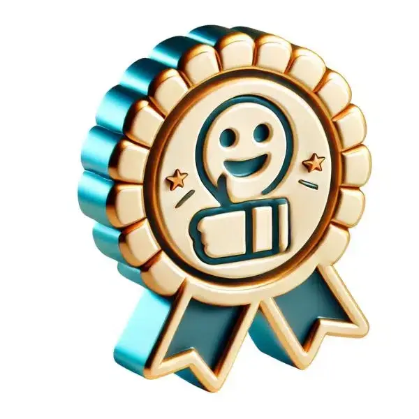 Złoty medal z uśmiechniętą buźką i kciukiem w górę symbolizujący satysfakcję klientów