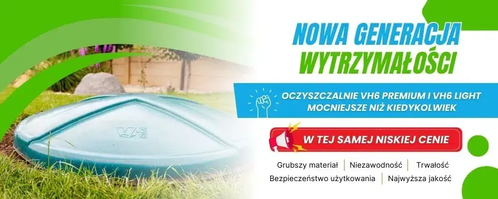Zielona pokrywa oczyszczalni VH6 na trawniku z hasłem nowa generacja wytrzymałości